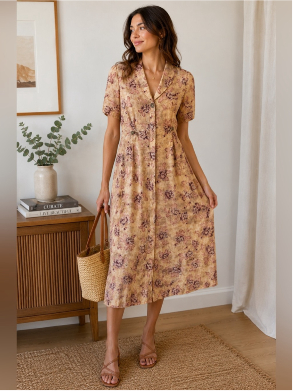 David Dart Mauve Floral Button-Front Vintage Midi Dress Size M Cottagecore